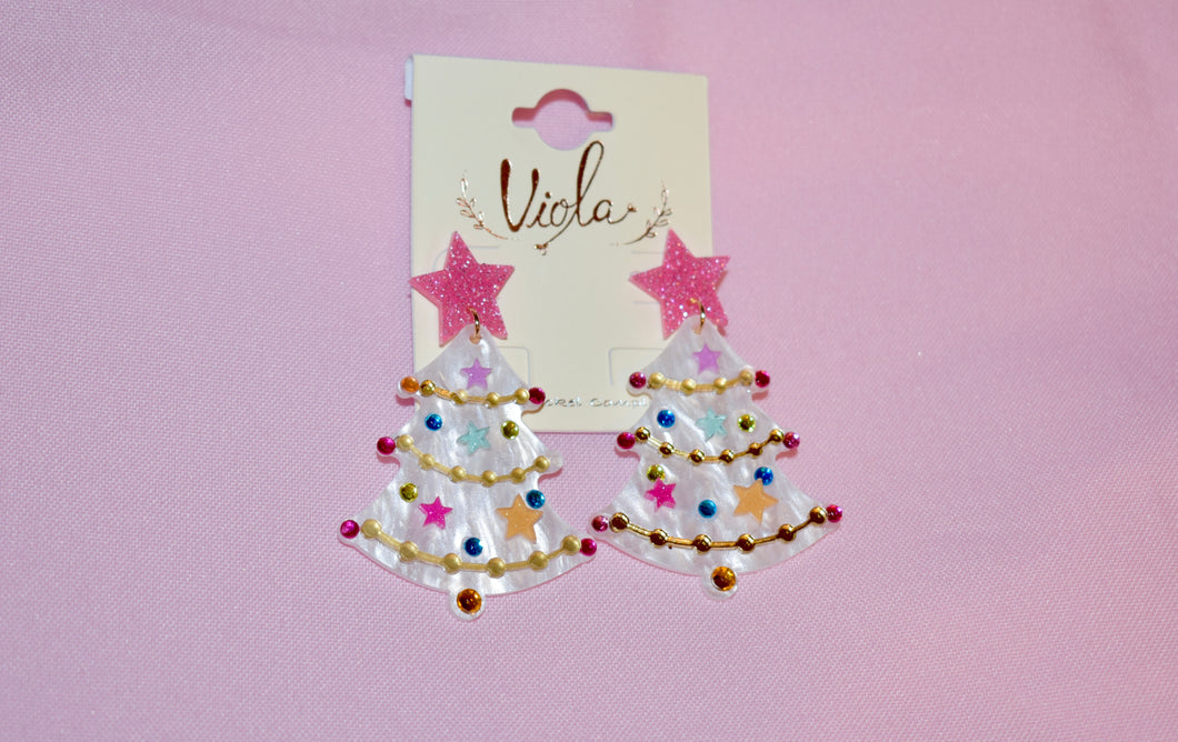 Pink & White Christmas Tree Earrings