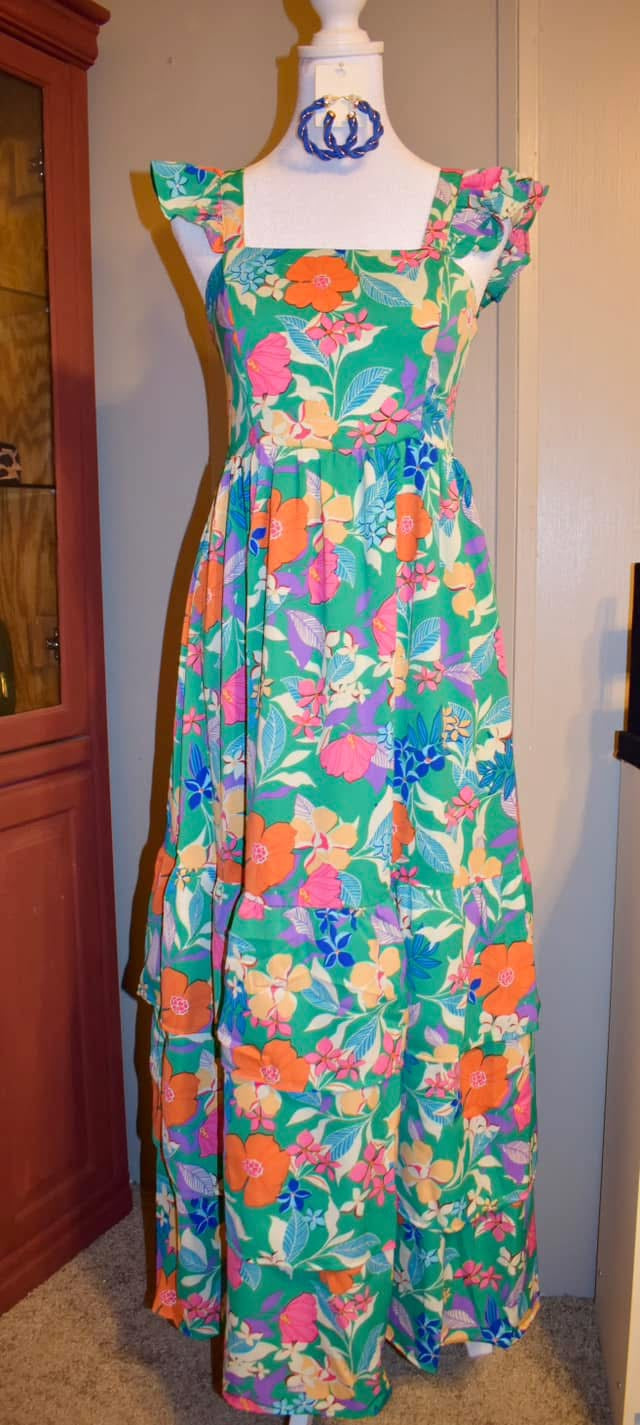 green easter dress womens Green Floral Print Sleeveless Ruffle Tiered Maxi Dress Green / M / 100%Polyester main image 0